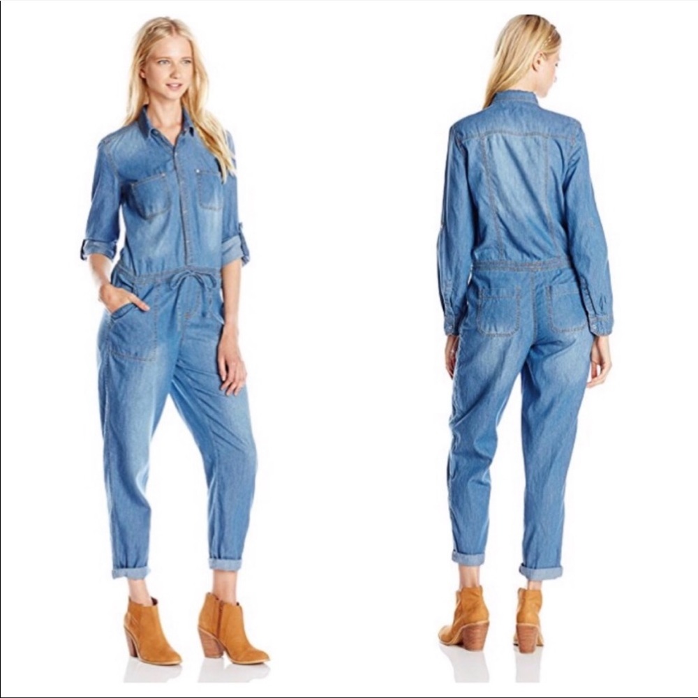 dollhouse Womens Roll Sleeve Drawstring Waist Denim Blue Jumpsuit Romper